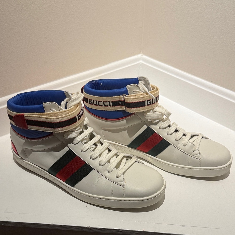 Gucci White Sneakers with Red, Blue, and Green Stripes